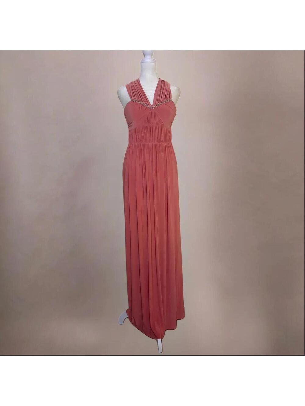 BCBG Coral Pink Rhinestone Halter Formal Evening Gown Maxi Dress